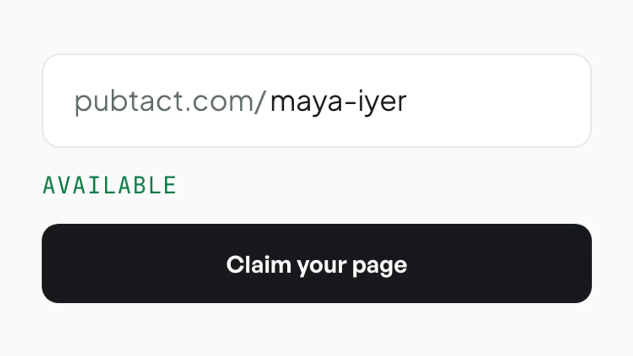 The claim field showing pubtact.com/maya-iyer as available