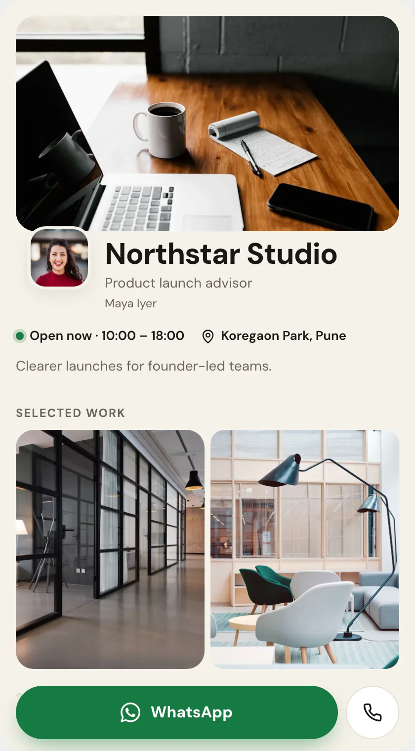 A storefront with a menu and a WhatsApp button
